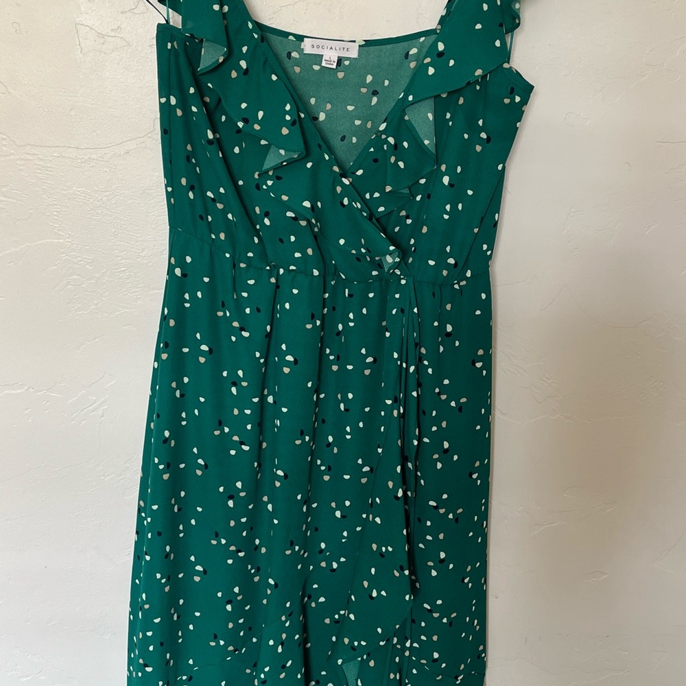 Socialite Emerald Green Ruffle Wrap Dress with Cream and Navy Dot Motif